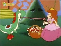 Yoshi, trying to eat the candy canes Princess Toadstool is decorating a Christmas tree with.