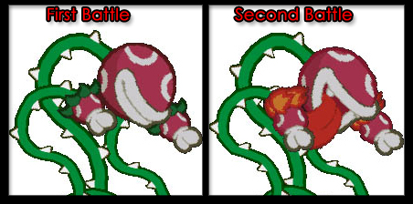 The two battle forms of Lava Piranha, how he is before he gets up and becomes firey, and how he is afterward in the second battle. Note that Sushie's splash moves are quite useful and will put the flames out.