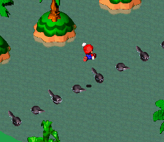 Mario crossing the bridge of Tadpoles to get to Frogfucius's small island in the middle of Tadpole Pond.