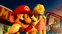 Peach (far right) with Mario in one of the Mario Super Sluggers cutscenes.