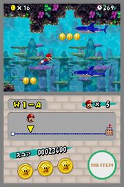 Mario in the level 1-A, with all three Star Coins collected