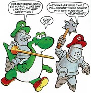 The Mario Bros. and Yoshi rush into battle while under a the effects of the medieval-themed illusion.