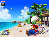 Mario, Peach, FLUDD, and Toadsworth enjoying the sunshine at Gelato Beach.