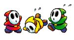 Three Shy Guys in Yoshi's Island DS.