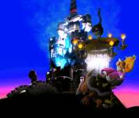The scene where Exor crashes into Bowser's Keep, seen in promotional artwork.