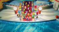 Mario and friends at the Baseball Kingdom's entrance after defeating Bowser's team.