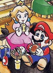 Toadstool and Mario enjoying their meal, shortly before the lightning strikes.