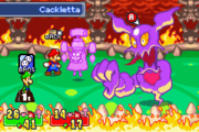 A screenshot of the battle against Cackletta's soul from Mario and Luigi: Superstar Saga, which takes place inside Bowletta's belly.
