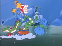Yoshi, using Mama Fireplant's pot as a sled to slide out of Kootie Pie Koopa's rapidly melting Ice Palace.