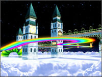 Towers floating over the clouds, where the Rainbow Road  takes place.