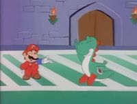 Mario and Yoshi, performing a victory dance after scoring a touchdown in football.