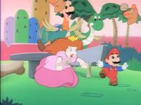 Mario and Princess Toadstool, being attacked by the "Chickadactyl-turned" Luigi and Yoshi.