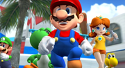 Mario and friends rushing into Mario Stadium, with Wii Remotes in hand.