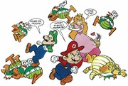 Mario, Luigi, and Peach (with help from Lemmy) fight off Bowser and the Mecha-Koopas.