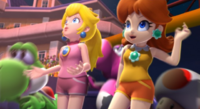 Yoshi, Peach, Daisy, and others celebrate the fireworks display and homerun event at Mario Stadium.